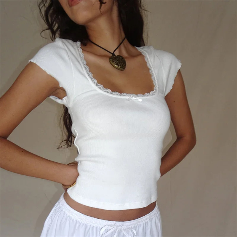 y2k Vintage Tee Cottage Lace Trim Knitted T-Shirt Summer Square Neck Short Sleeve Tee Shirt Women White Milkmaid Crop Top 240810