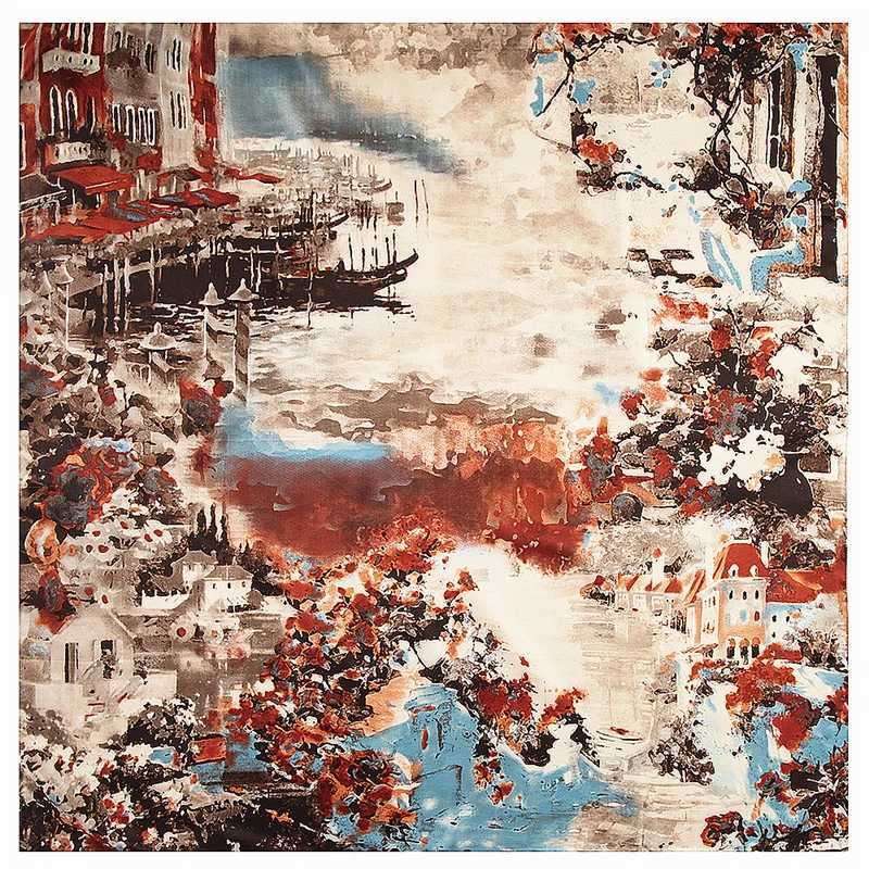 Classic New Oil Painting House Water Village Ship Womens Brand Twill Silk Square Scarf Womens Kerchief Scarf Womens Shawl W240810