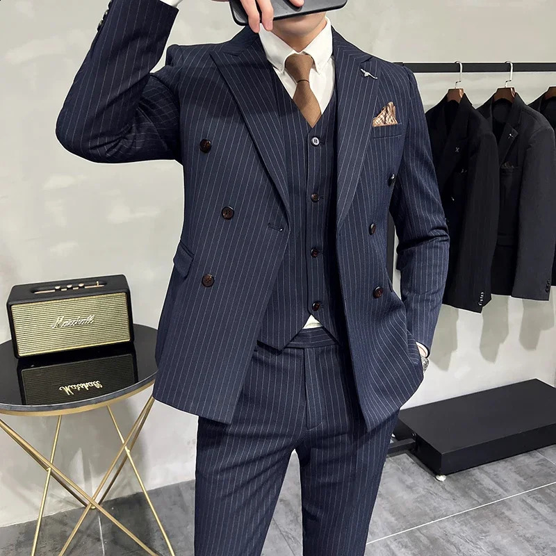Fashion Mens Boutique Business Slim Wedding Striped Double Breasted Suit Blazers Jacket Pants Trousers Vest 3 Pcs Set 240812
