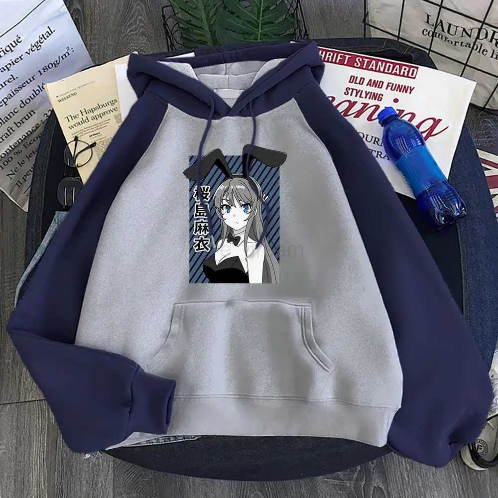 Korean Style Men Hoodie Love Novel Sakurajima Mai Bunny Girl Print Pullovers Warm Splicing Sweatshirts Fleece Pocket StreetwearsXJ240812