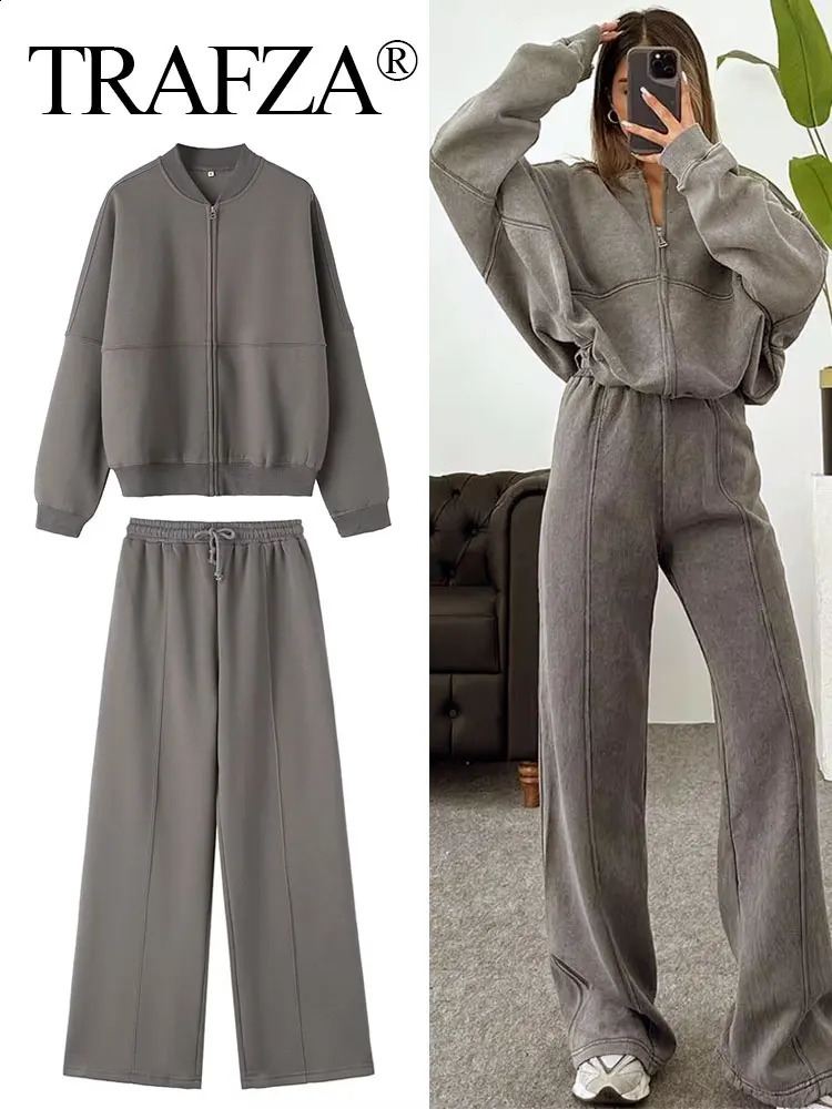 TRAFZA 2024 Woman Solid Trousers Set Long Sleeves Zipper Coat Top Elastic Waist Lace Up Wild Commute Female Wide Leg Pant y240829