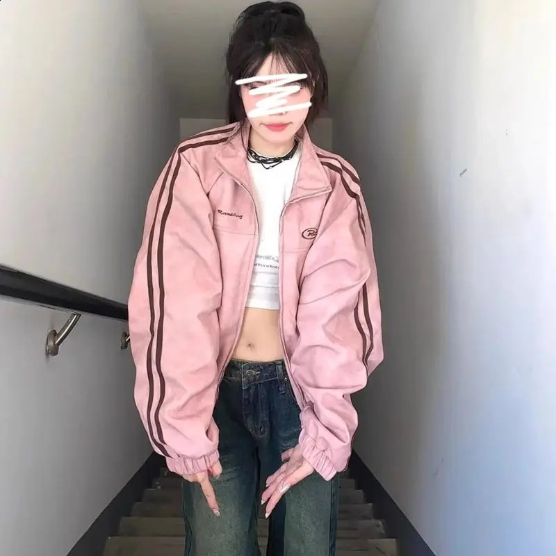 Bombers Coat Woman Hip Hop High Street Racing Bomber Varsity Leather Jacket Vintage Motorcycle Pink Leather Jacket Femme 240812