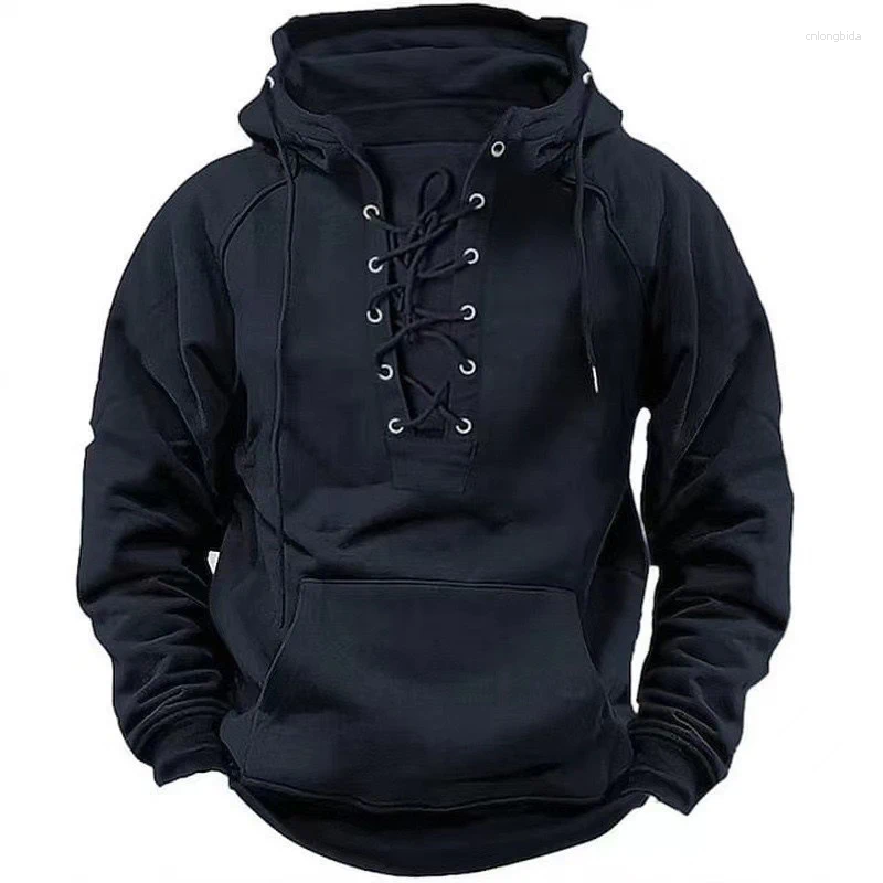 Men's Hoodies 2024 Fall Trendy Mens Hooded Sweatshirts Lace-up Drawstring Long Sleeve Loose Men Streetwear Vintage Solid Color Hoodie