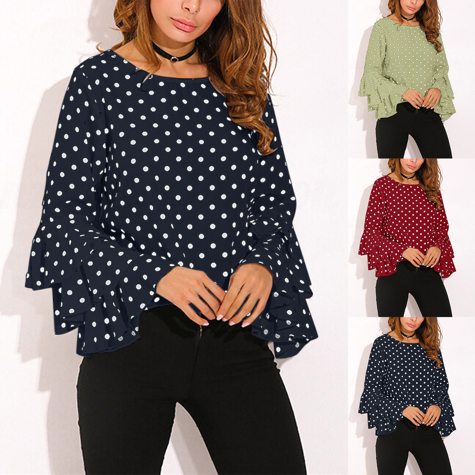 Polka Dot Shirts Women Retro Summer Blouse Ruffles Long