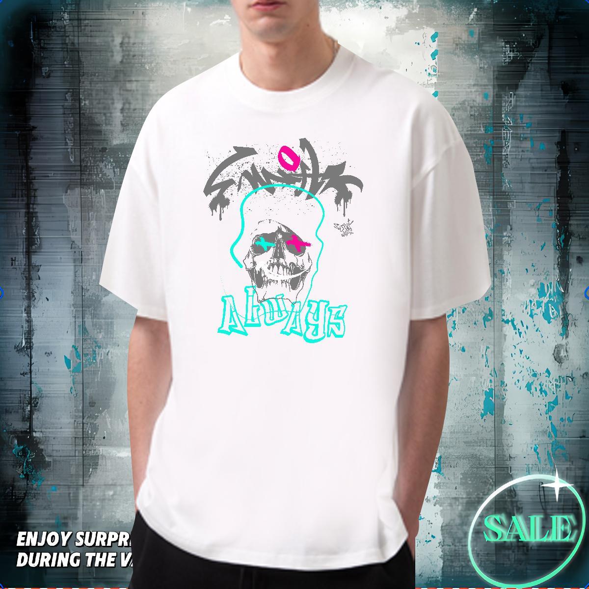 Classic T-Shirts for Men skull Tees Shirts 230g Pure Cotton High Street Hip Hop Popular DIY Logo Oversized Round Neck Short Sleeve Tshirt for Man Woma