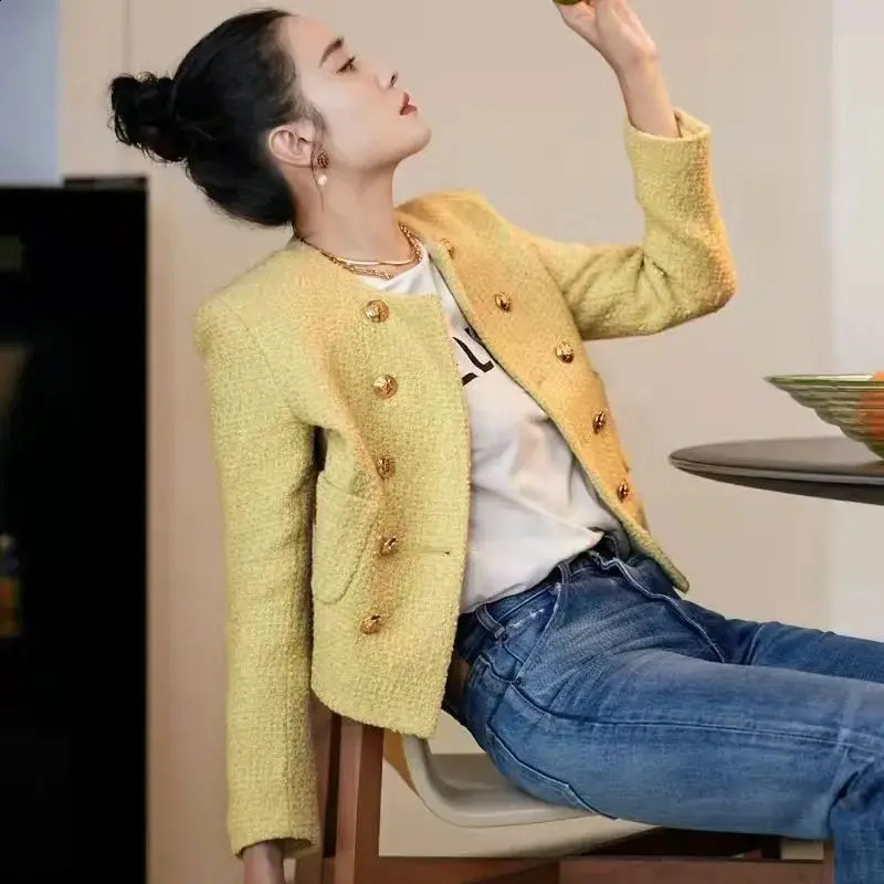 Yellow Chic Style Jacket for Women Spring Arrival Elegant Lady High-End Feel Coarse Tweed Suit Short Top 240812