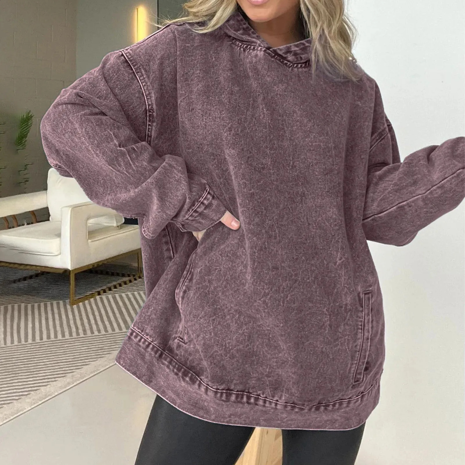 Vintage Distressed Solid Hooded Pullover Hoodie Oversize Woman Washed Wax Dyeing Baggy Casual Hoodies Sweatshirt Women 240812
