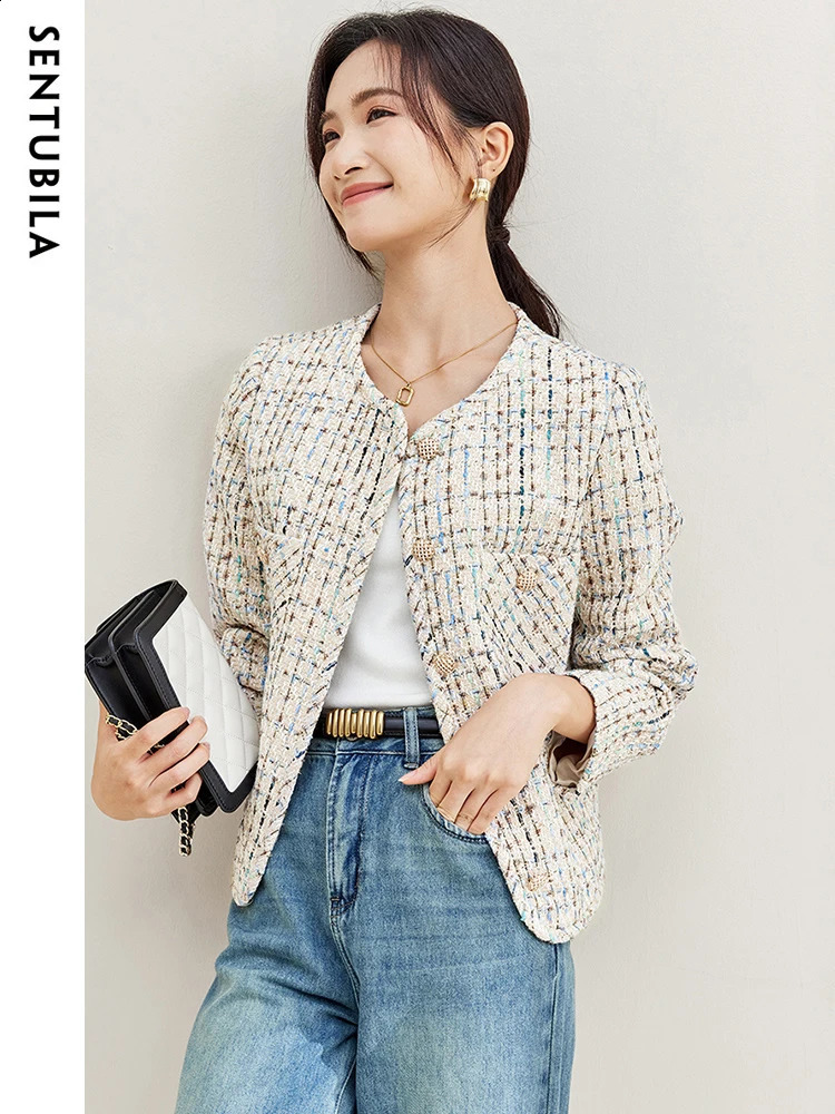 SENTUBILA Contrast Plaid Cropped Tweed Jacket for Women Elegant Straight Long Sleeve Autumn Winter Short Coats 133W49788 240812