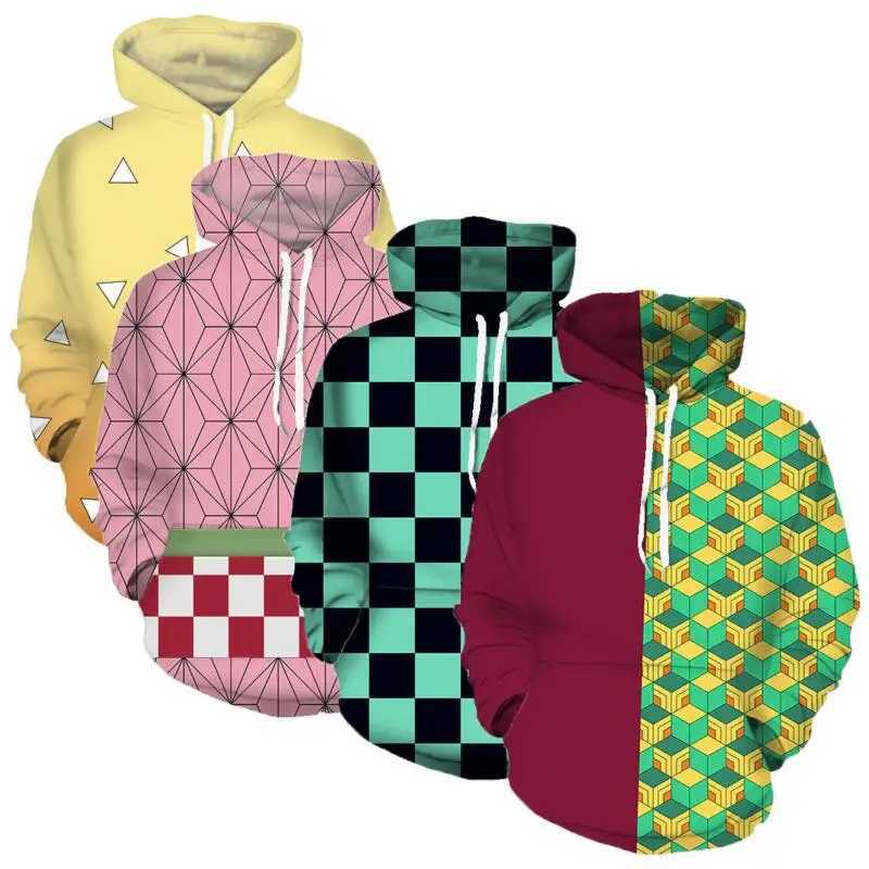 Mens 3D printed anime character hoodie universal green black checkered Kamado Tanjirou Pullover casual 3xl long sleeved sweatshirtW240724