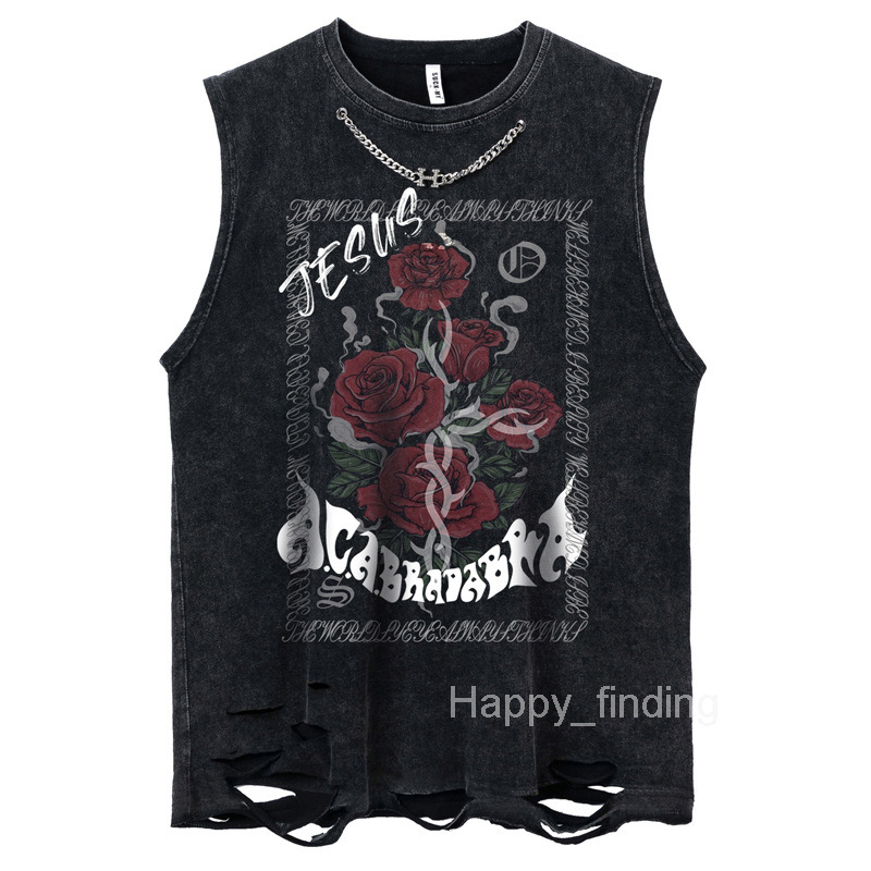 Mens American High Street Washed Distressed Floral Tank Top Mens Ins Loose Hip-hop Sleeveless T-shirt