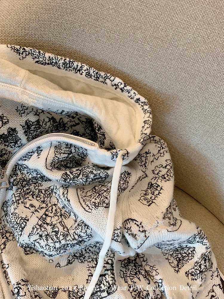 American Vintage Knitwear Hooded Cardigan Embroidery Print Women Loose Sweater Autumn Winter Y2k Streetwear Preppy Style 240812
