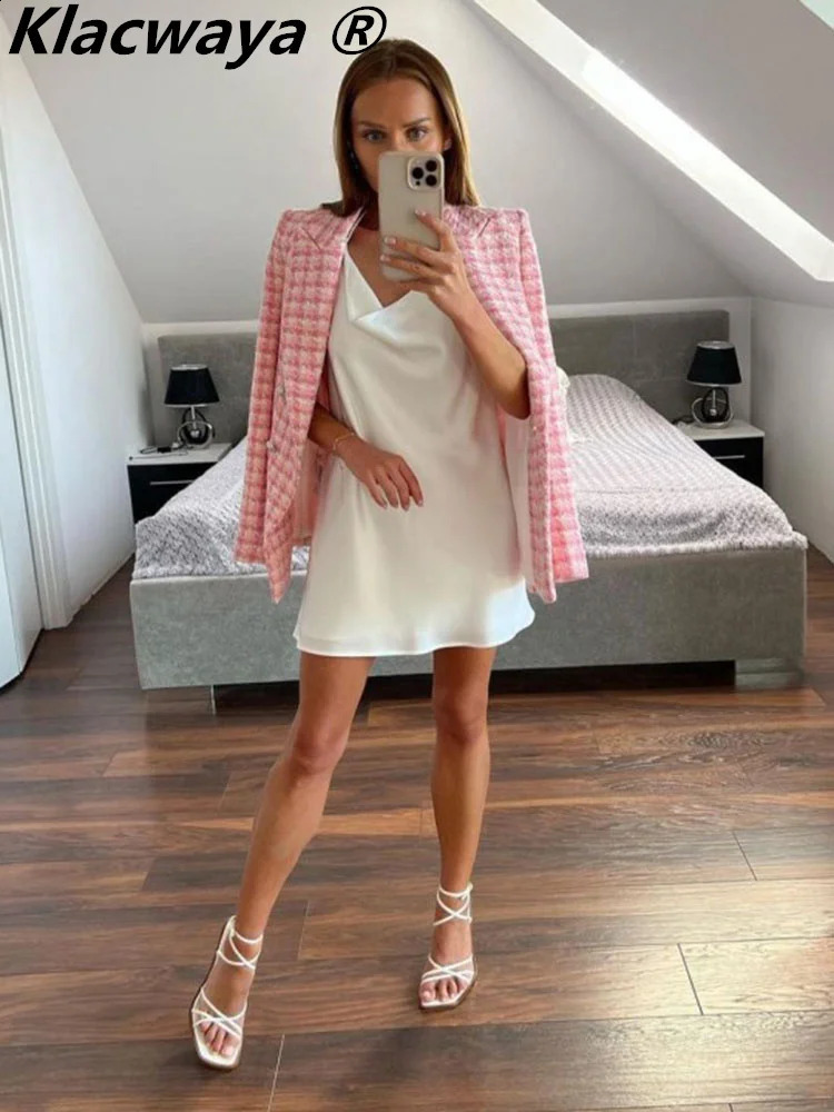 Klacwaya Blazer Women Jacket Pink Plaid Blazer Women Clothing Office Casual Tweed Blazers Double Breasted 240812