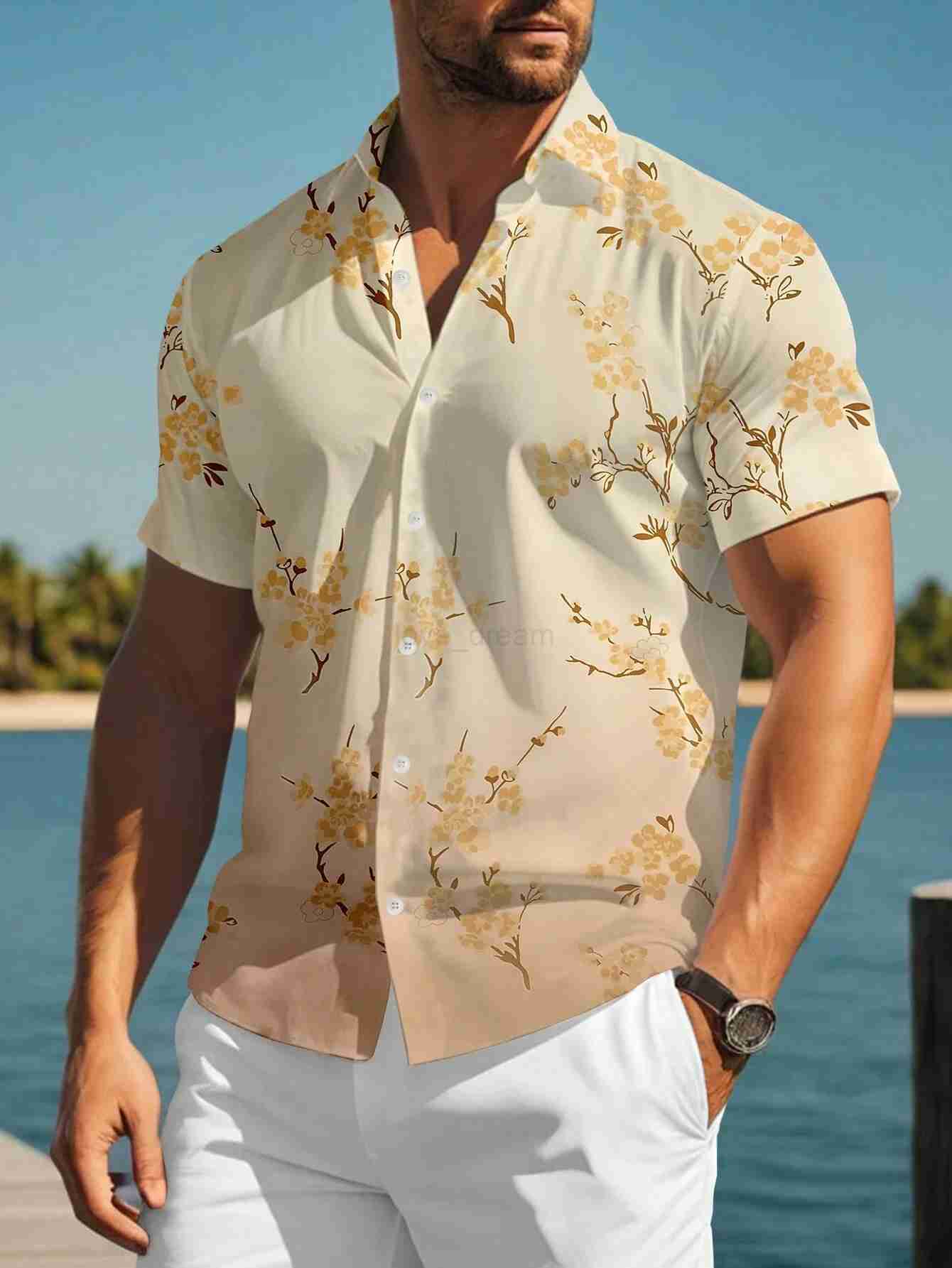 Hawaiian Shirt For Men peach blossom 3D Printed Plant Short Sleeves Tops Summer Lapel Oversized Shirts Street Button BlousesXJ240812