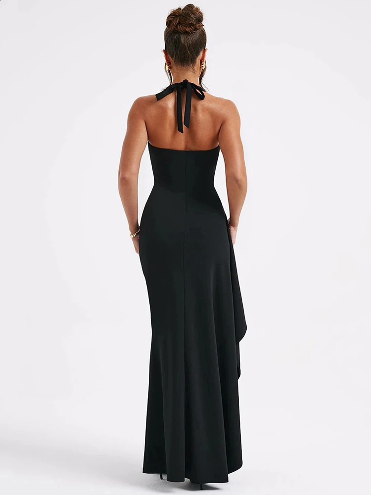 Mozision Deep V Neck Thigh High Split Maxi Dress Women Halter Sleeveless Backless Bodycon Club Party Sexy Long Dress 240812