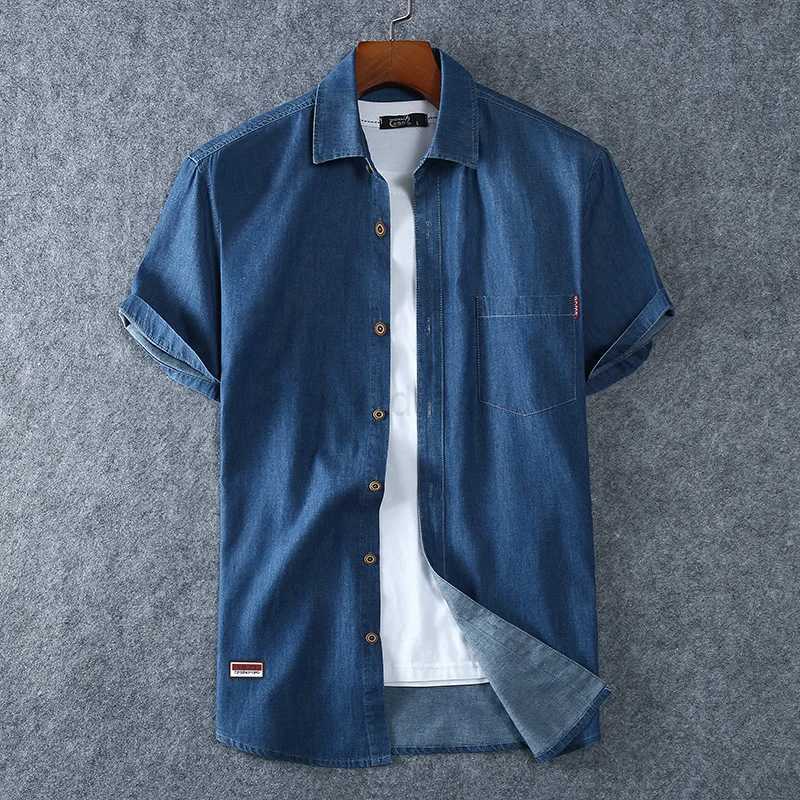 Mens Blue Denim Shirts Short Sleeve Jean Shirts New Summer High Quality Men Cotton Light Blue Denim Shirts Plus size L-8XLXJ240812