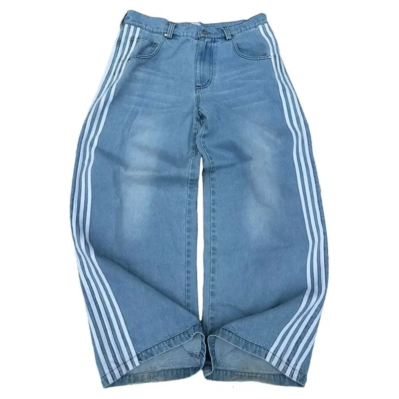 Classic Side Stripe Baggy Jeans Y2k High Waisted Wash Blue Women Denim Pants Korean Fashion Casual Straight Men Clothing y240810