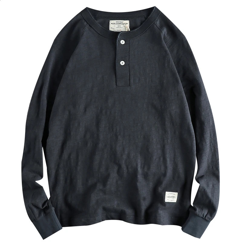 Autumn American Retro 200g Long Sleeve Henry Collar T-shirt Mens Fashion 100% Slub Cotton Washed Casual Tough Guy Tops 240812
