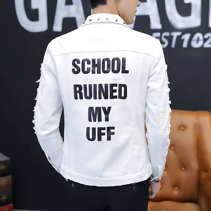 Mens denim jacket with short rivets casual ultrathin white mens Jean Coats Korea Lxury washed in the fabric Rock Joker at lowest price size L 240807