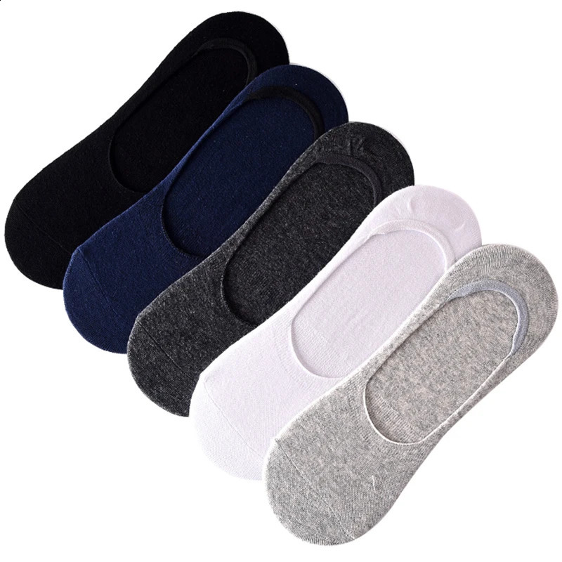 5 Pairs Plus Size Boat Socks for Men - Non-Slip, Invisible, Summer Cotton, Black Sporty Meias