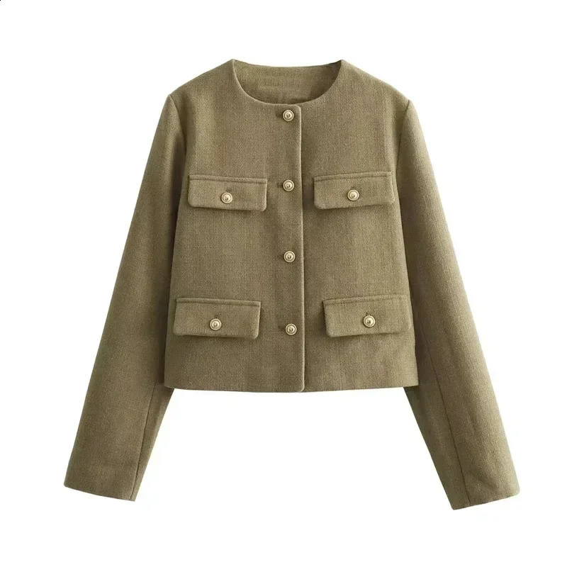 Autumn Cropped Jacket For Women Coat Winter Crop Jacket Tweed Round neck Long sleeved Demi-season Jacket Bomber Outerwears 240812