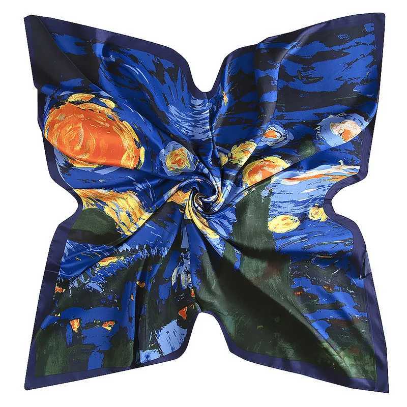 130cm New Van Gogh Starry Sky Oil Painting 2021 Brand Scarf Twill Silk Square Scarf Womens Kerchief Shawl W240810