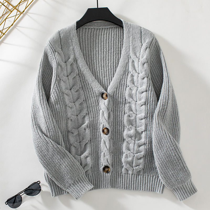 Maomao Rain Solid Color Fried Dough Twists Knitted Cardigan Autumn and Winter New Single breasted Sweater Women's Jacket H812#45
