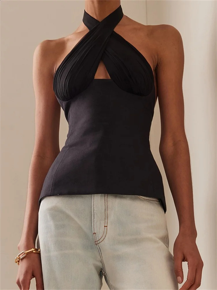 CHRONSTYLE Sexy Women Summer Fashion Tank Tops Solid Color Sleeveless Backless Tie-up Halter Off Shoulder Ruched Vest Streetwear 240812 - view 3