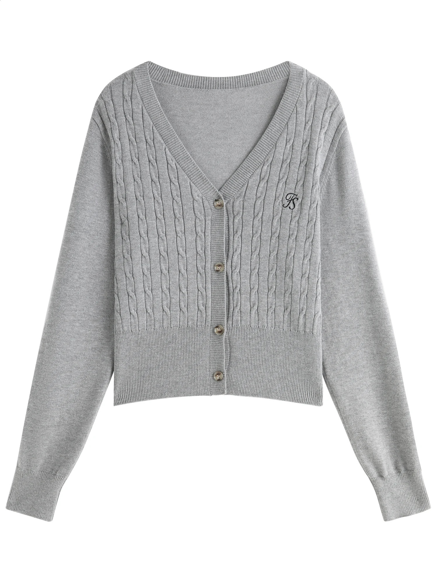 FSLE Women Grey Sweater Cardigans V-neck Single Breasted Office Lady Autumn Short Knitted Long Sleeve Coats 24FS13163 240812