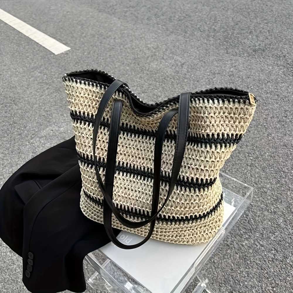 CMM Womens Classic Straw Bag Summer Beach Shoulder Bag Weaving Straw Woven Bag Tote Foreskin Shoulder Strap Handmade Woven Bag