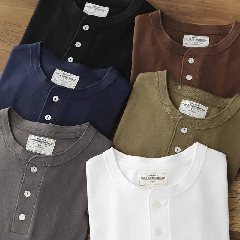 Autumn American Retro Heavyweight 280g Long Sleeve Henry Collar Solid Color T-shirt Mens Fashion Pure Cotton Washed Casual Tops 240812