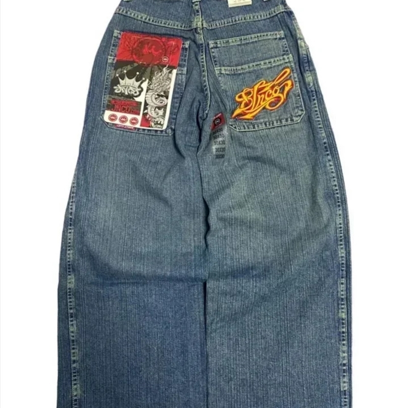 JNCO Street Jeans Y2K Harajuku Hip Hop Letter Embroidered Vintage Baggy Jeans Denim Pants Men Women High Waist Wide Trousers 240810