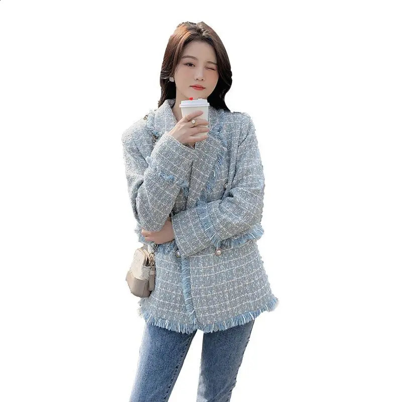 Spring Autumn Casual Woolen Suit Jacket Womens Outwear Fashion Loose Mid-Length Double-Breasted Burrs Chic Tweed Coat 240812