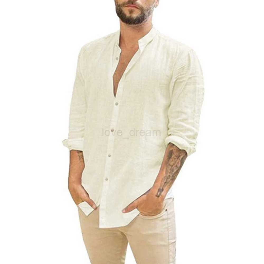 Cotton Linen Hot Sale Mens Long-Sleeved Shirts Summer Solid Color Stand-Up Collar Casual Beach Style Plus SizeXJ240812