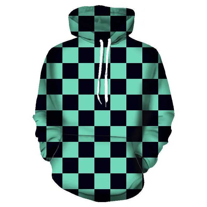 Mens 3D printed anime character hoodie universal green black checkered Kamado Tanjirou Pullover casual 3xl long sleeved sweatshirtW240724