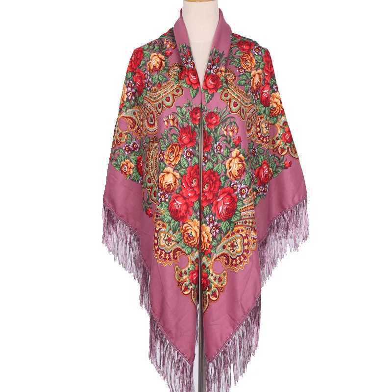 160 * 160cm Womens Russian Square Scarf Womens Shawl Tassel Flower Printed Headscarf Bag Babushka Bandana Beach Travel Carpet W240810