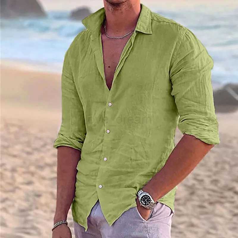 Mens Linen Summer Beach Shirt Long Sleeve Cardigan Solid Color Lapel Shirt Spring Summer Outdoor Street Casual Shirt Street TidXJ240812