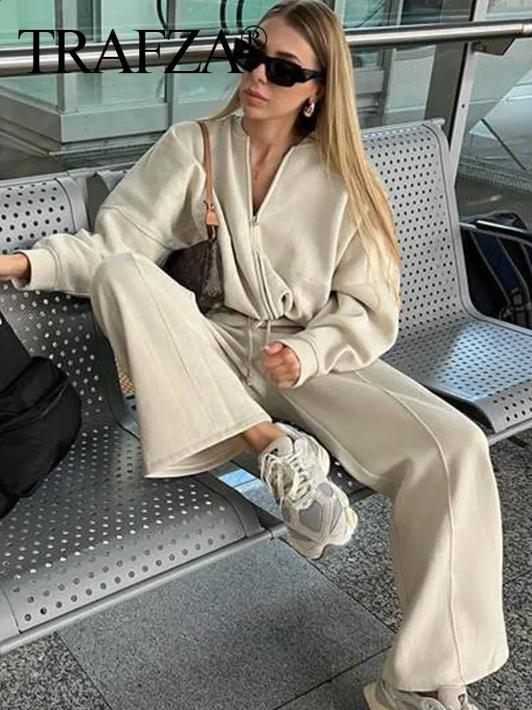 TRAFZA 2024 Woman Solid Trousers Set Long Sleeves Zipper Coat Top Elastic Waist Lace Up Wild Commute Female Wide Leg Pant y240829