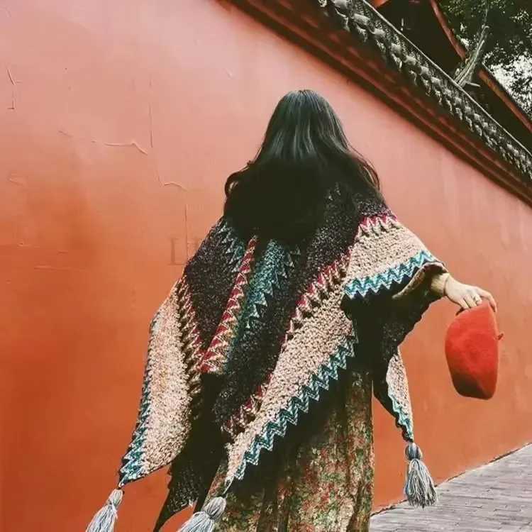 Womens knitted tassel ruffled floral raincoat sweater shawl bag tassel top striped cardigan jacket W240810
