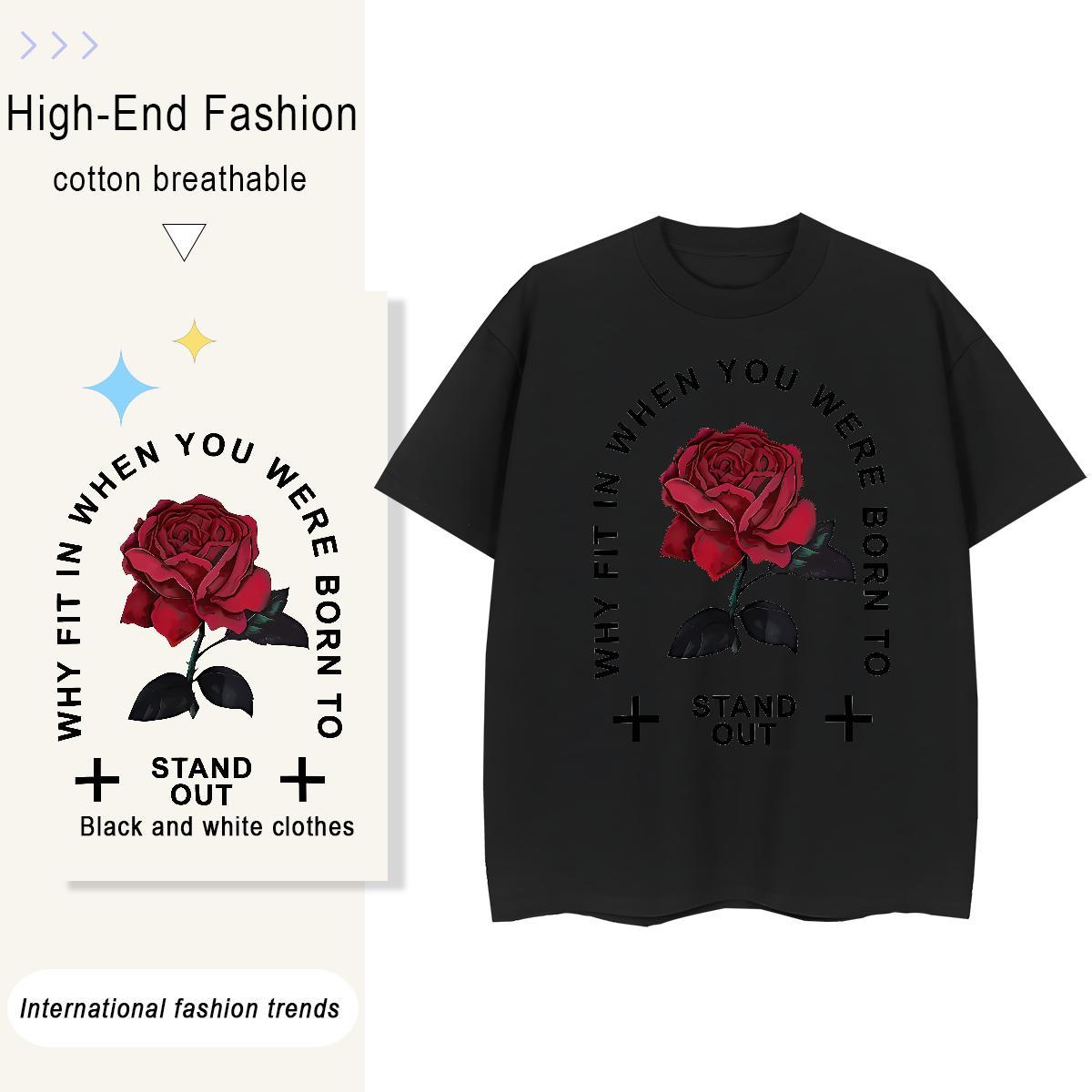 Free Shipping Men Tops Tees Outdoor 230g 100% Cotton Black White Pure Cotton ROSE T shirt DIY Polos