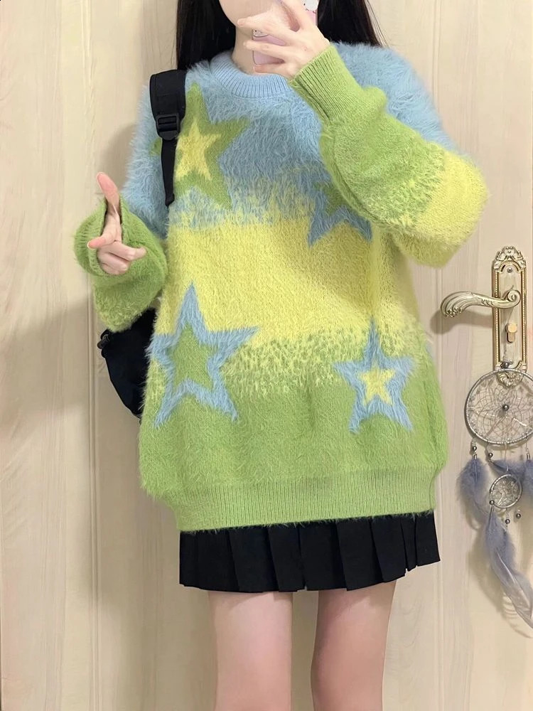 Preppy Style Sweater Long Sleeve Star Jacquard Contrast Color Casual Loose All Match Pullovers Autumn Winter Women Clothing 240812