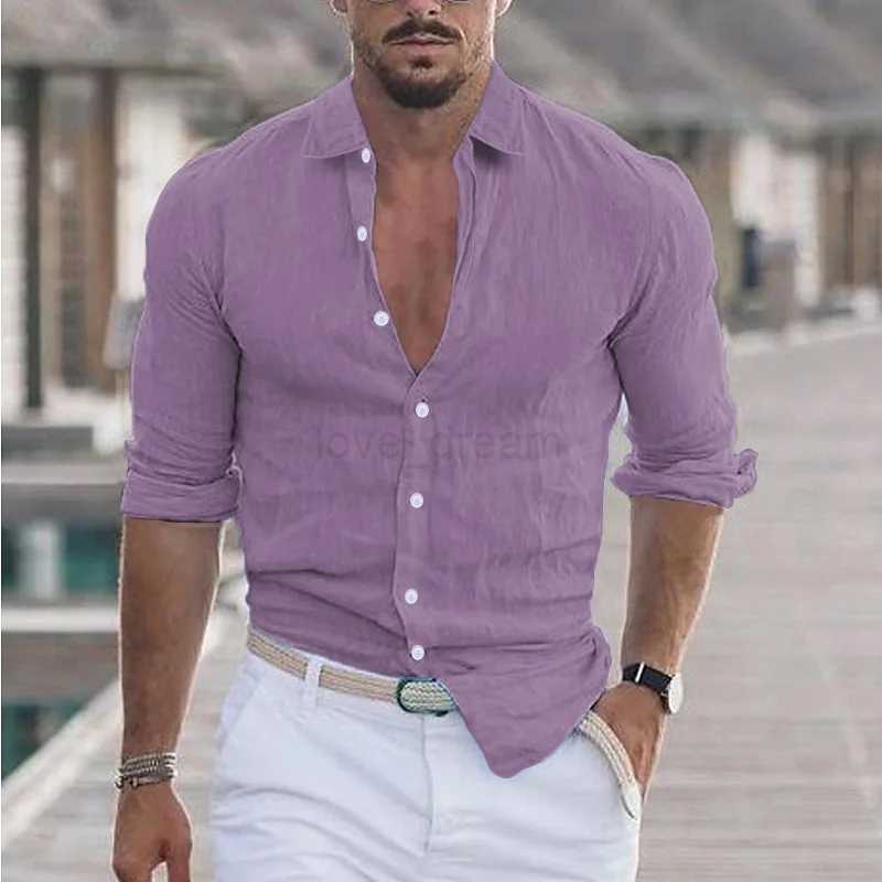 Mens Summer Cotton And Linen Loose Lapel Beach Shirt Casual Lazy Long Sleeve Solid Color Hawaiian Campfire Holiday WearXJ240812
