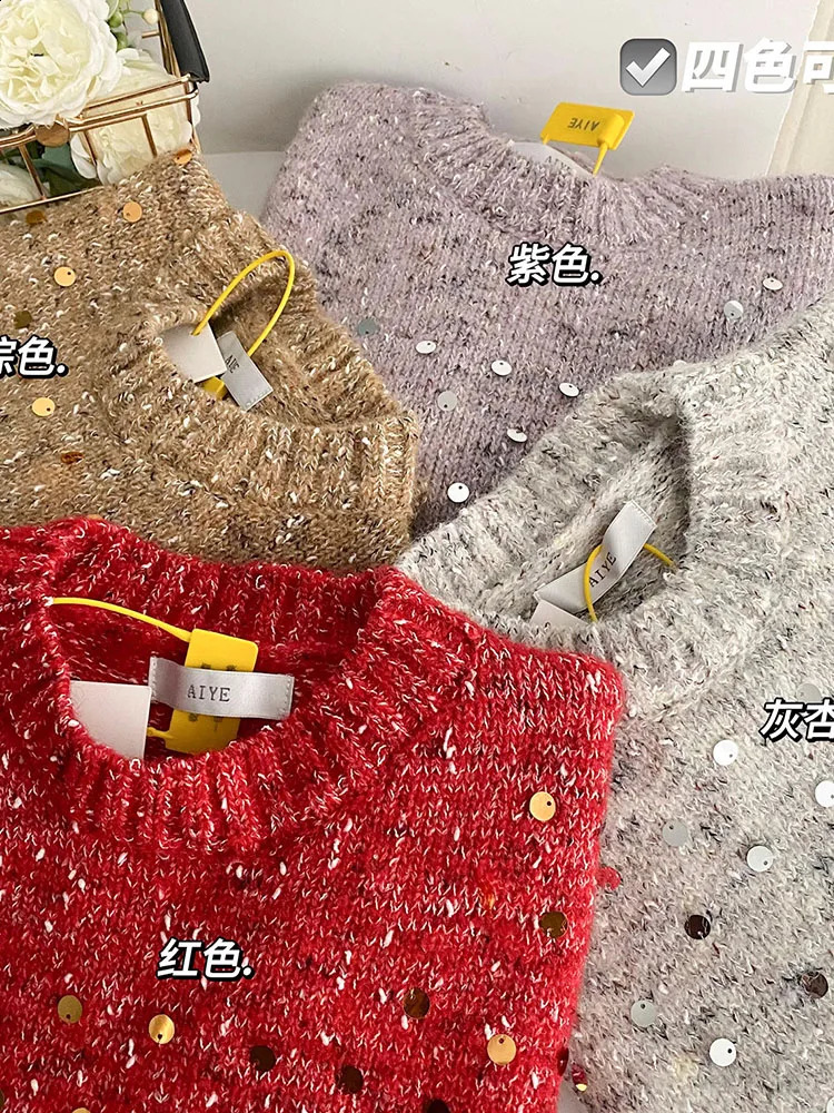 American Christmas Sequins Sweater Women Oversized Knitted Jumper Loose Korean Fashion Sweet Pullover High Quality Preppy Style 240812