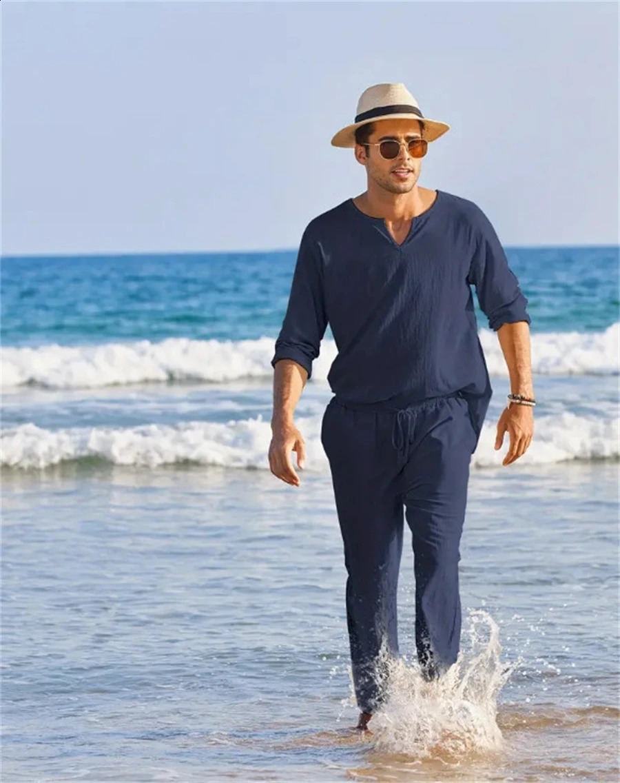 2pcs Set Mens Shirt and Pants Suits for Men Small V-neck Beach Wear Tracksuit Solid Color Shirts Sweatpants Hawaiian Vacat 240812