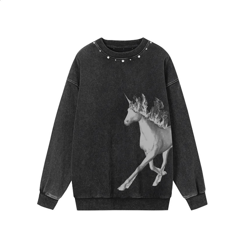 Quality American Street Y2kLong Sleeve T-shirt Vintage Wash Old Cartoon Art Picture Loose Mens Long Sleeve T-shirt 240812