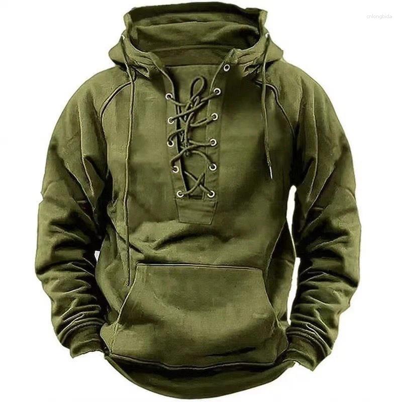 Men's Hoodies 2024 Fall Trendy Mens Hooded Sweatshirts Lace-up Drawstring Long Sleeve Loose Men Streetwear Vintage Solid Color Hoodie