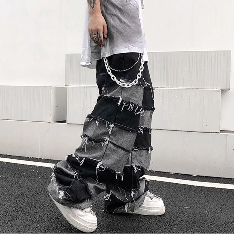 Tassel jeans mens patch wide legs lazy style hiphop loose denim pants pocket tear Distressed Stacked Y2K Grunge 240808