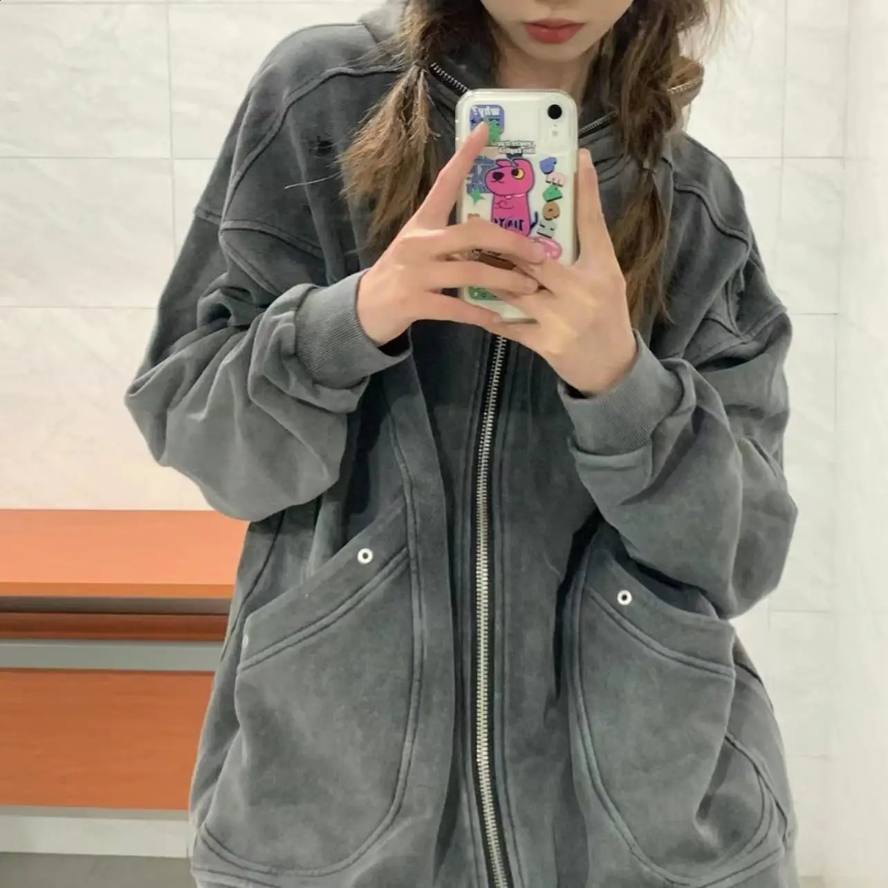Spring and Autumn Miss Pure Cotton Make Old Washed Coat Hoodie Trendy HoodieAmerican Style Vintage Cardigan National Trend Loose 240812