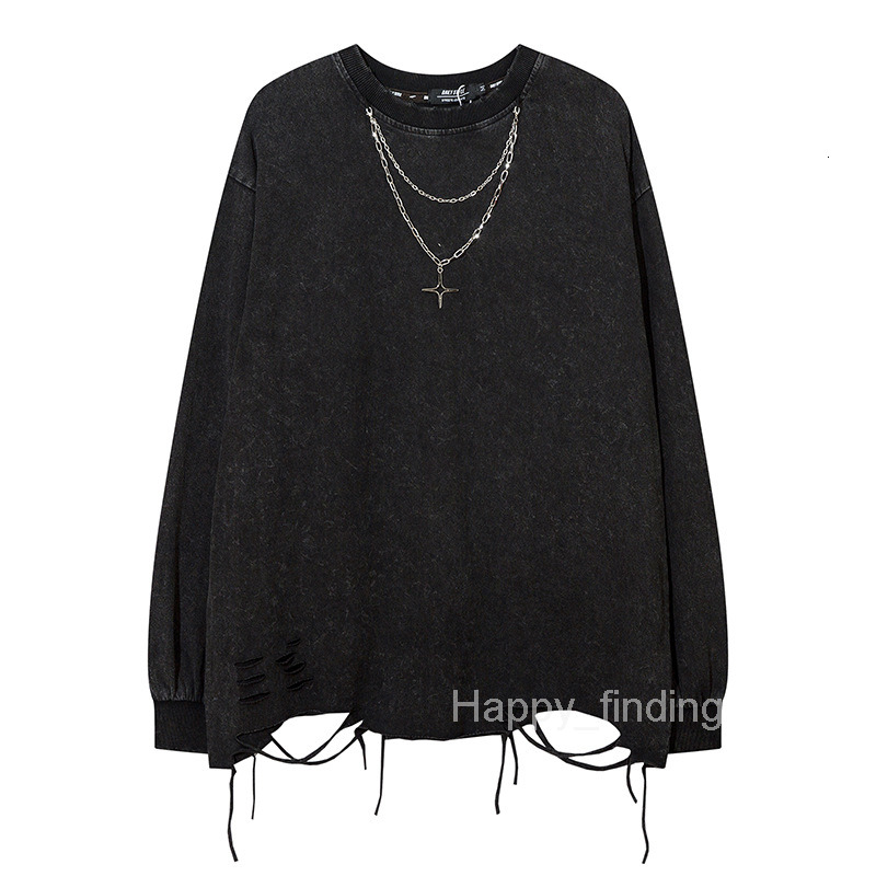 Solid Color Cut Open Hole Hem with Chain Loose Dark High Street Oversized Extended Long Sleeved T-shirt Mens Clothing
