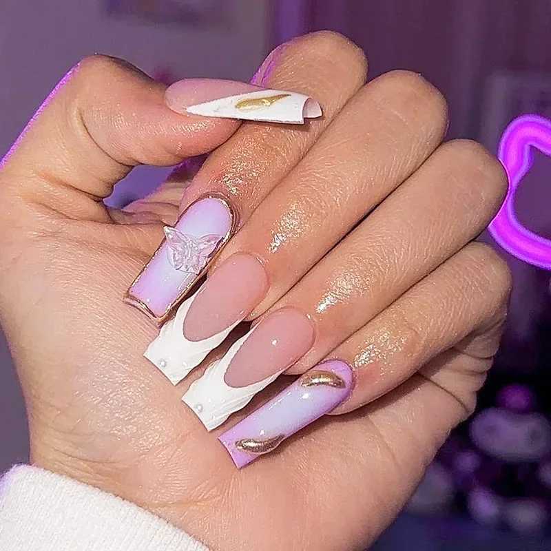 24 wearable fake nails long ballet dancer pink pressed nails with glue French full coffin fake nail tips Rhinestone W240810