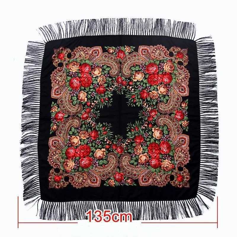 135 * 135cm Womens Russian Square Scarf Luxury Flower Printed Ribbon Scarf Babushka Hand Scarf Curly Blanket Shawl Head Bag W240810
